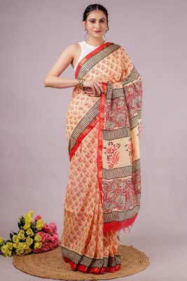 RP CREATION Printed Handloom Cotton Linen Saree(Multicolor)