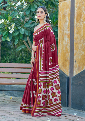 Divastri Floral Print Chanderi Cotton Blend Saree(Maroon)