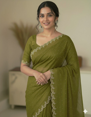 TRENDY CULTURE ENTERPRISES Embellished Bollywood Cotton Blend Saree(Dark Green)