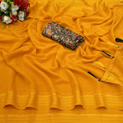 V AMAN FASHION Solid/Plain Bollywood Georgette Saree(Mustard)