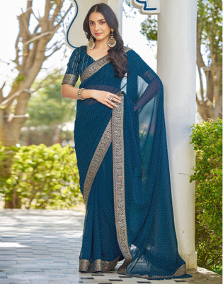 Satrani Embellished, Self Design Bollywood Georgette Saree(Blue)