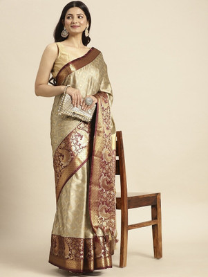HouseOfCommon Woven, Self Design Banarasi Cotton Silk, Jacquard Saree(Beige, Maroon)
