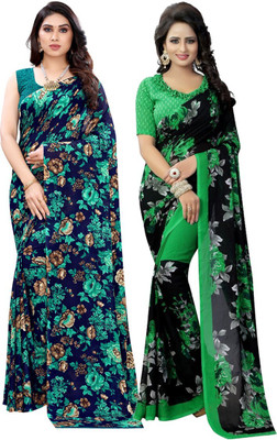 Priyashi Printed Daily Wear Georgette Saree(Pack of 2, Green)