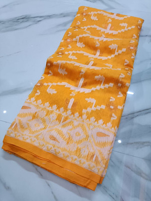 Priyongboda Printed Tant Handloom Cotton Blend Saree(Yellow)