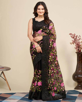 Vinayak Textile Embroidered Bollywood Net Saree(Black)