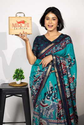 MIRCHI FASHION Printed Daily Wear Pure Cotton Saree(Light Blue, Multicolor)