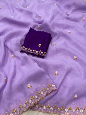 KanjiQueen Self Design, Embellished, Embroidered Saree with Attached Blouse Chiffon, Silk Blend Saree(Purple, Gold)