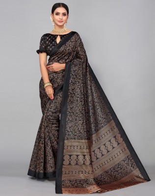 Siril Floral Print, Geometric Print, Printed Banarasi Cotton Silk, Silk Blend Saree(Black, Gold)