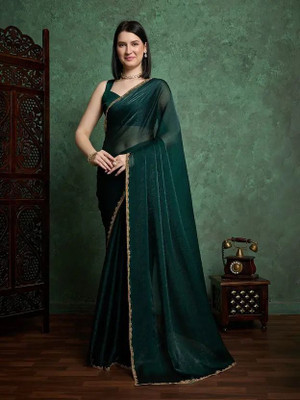 Vraggi Embellished, Embroidered, Solid/Plain Bollywood Chiffon, Pure Silk Saree(Dark Green)