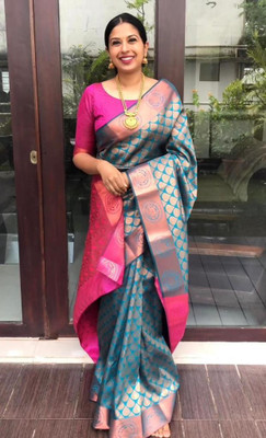 KHANJAN FASHION Floral Print, Geometric Print, Self Design, Woven Paithani Silk Blend, Jacquard Saree(Light Blue)