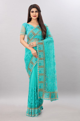 YARA CREATION Embroidered Bollywood Net Saree(Green)