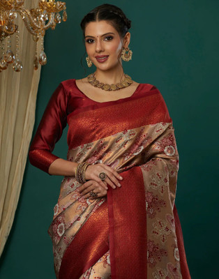 AVANTIKA FASHION Woven Kanjivaram Pure Silk, Art Silk Saree(Cream, Maroon)