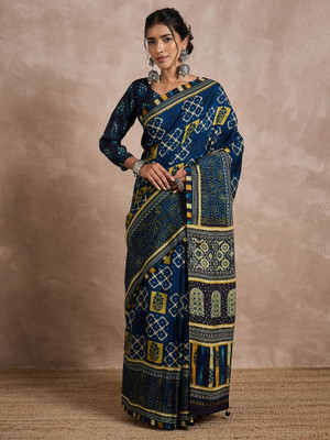 Sareemall Printed Hand Batik Viscose Rayon Saree(Dark Blue)