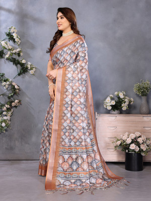 Million Brands Printed Bollywood Cotton Linen, Art Silk Saree(Brown)