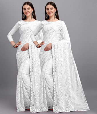 LOROFY Self Design Bollywood Net Saree(Pack of 2, White)