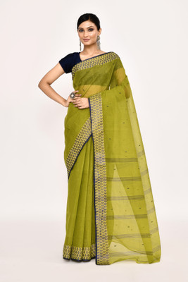 maa textile Self Design Tant Pure Cotton Saree(Dark Green)