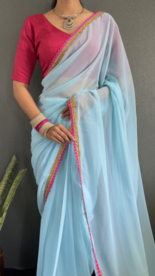 ARYORA Solid/Plain Bollywood Georgette Saree(Light Blue)