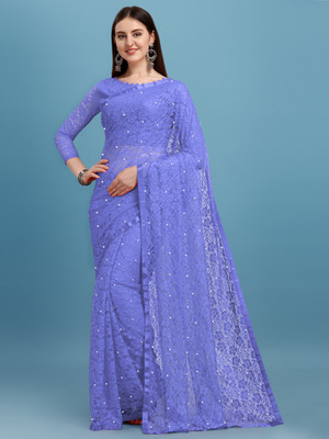 LOROFY Self Design Lucknow Chikankari Net Saree(Blue)