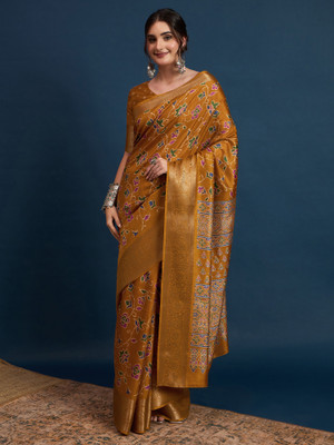 Sareemall Printed Chinnalapattu Silk Blend Saree(Mustard)