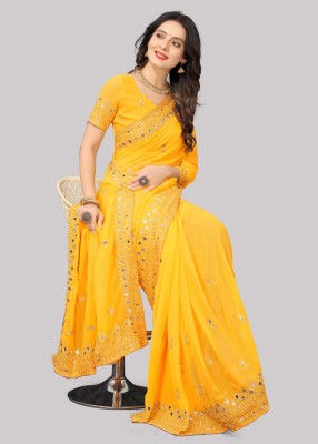 ROSYQUEEN Self Design, Embroidered Banarasi Georgette Saree(Yellow)