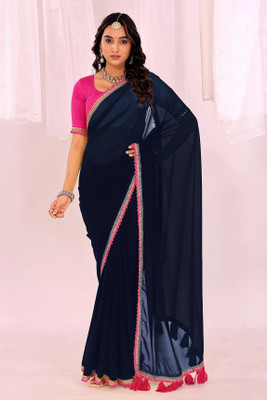 VARUTEX Embroidered Bollywood Georgette Saree(Dark Blue)