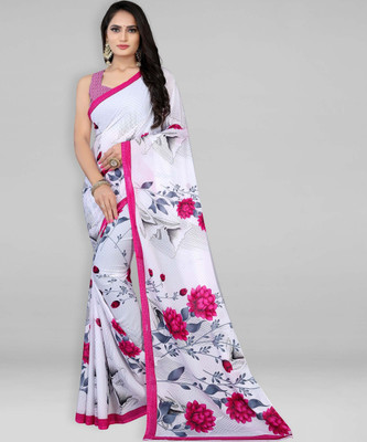 Leelavati Printed Daily Wear Georgette Saree(White, Pink)