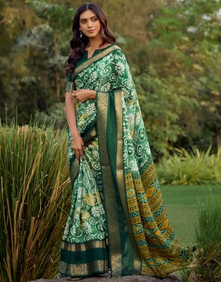 Samah Printed, Woven Bollywood Cotton Silk Saree(Green)