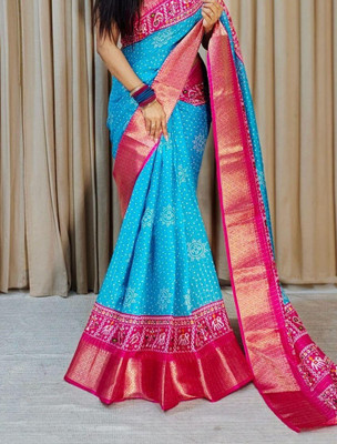 Varda Woven, Self Design Ikkat Cotton Silk Saree(Blue, Pink)