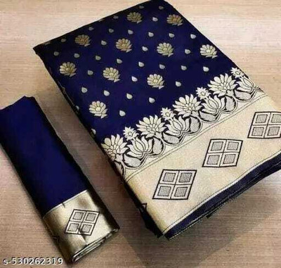 PS FASHION Woven Banarasi Art Silk Saree(Dark Blue)