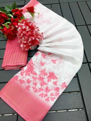 HouseOfCommon Floral Print Kanjivaram Chanderi, Pure Silk Saree(Pink, White)
