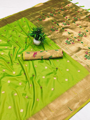 PANZORA Woven Paithani Cotton Silk Saree(Light Green)