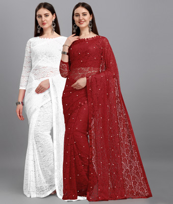 LOROFY Self Design Bollywood Net Saree(Pack of 2, White, Maroon)