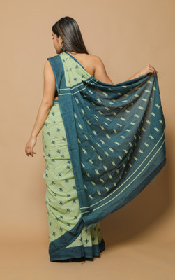 NIKHILAM Printed Daily Wear Pure Cotton Saree(Green)
