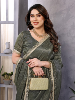 NIRMOHIFASHION Solid/Plain Bollywood Pure Silk Saree(Dark Green, Gold)