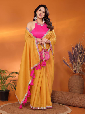 FABMORA Embellished, Embroidered Kanjivaram Cotton Silk, Silk Blend Saree(Yellow)