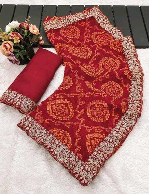 bohoethnica Printed, Embroidered, Floral Print, Self Design Bandhani Georgette Saree(Green)