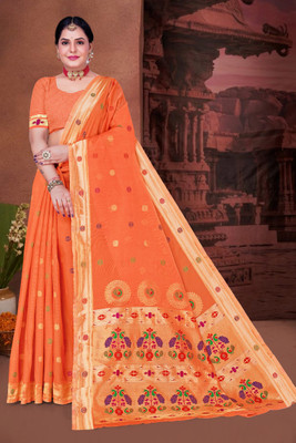 sarees Woven Paithani Silk Blend Saree(Orange)