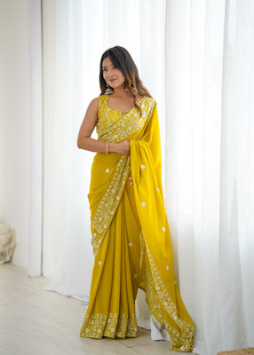 Sajavat Embroidered, Woven, Solid/Plain, Embellished Bollywood Georgette Saree(Yellow)