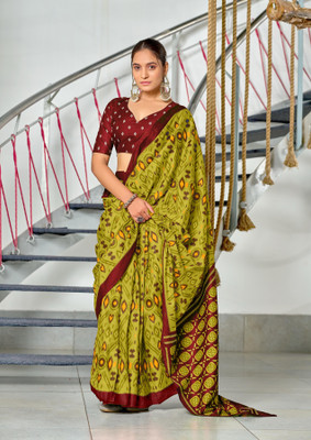 Divastri Blocked Printed, Printed Chanderi Cotton Blend Saree(Green)