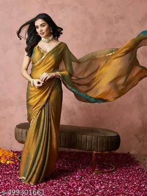 PIYA DESIGNER Embellished, Self Design Bollywood Tissue, Silk Blend Saree(Gold)