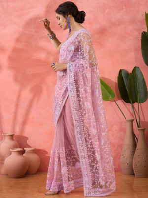 ShopGlobal Embroidered Banarasi Net Saree(Pink)