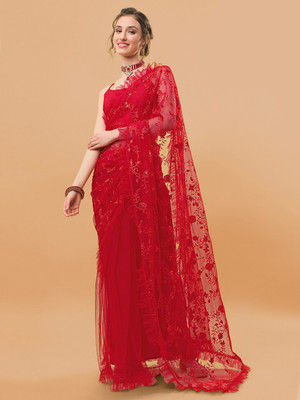 Sangria Embroidered Daily Wear Net Saree(Red)