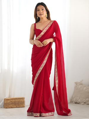 Sareemall Embroidered Bollywood Satin Saree(Red)