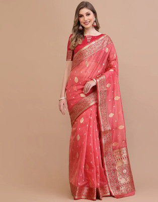 FluteFashion Self Design Jamdani Cotton Blend Saree(Orange)