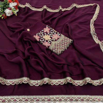 JIVI CLOTHING Self Design, Solid/Plain, Embroidered Bollywood Chiffon Saree(Purple)