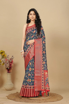 J6 Designers Printed Hand Batik Cotton Silk Saree(Dark Blue)