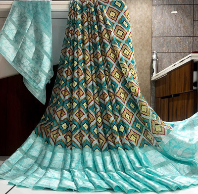 Bombey Velvat Fab Floral Print JAINSEM KHASI DHARA Chiffon, Satin Saree(Light Blue)