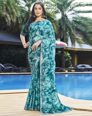 Divastri Digital Print, Embellished, Self Design Bollywood Crepe Saree(Green, Blue)