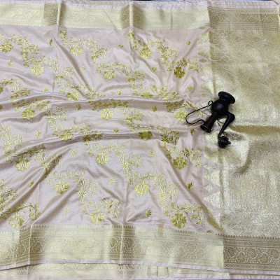 SHOPEEZY TEX FAB Woven Banarasi Satin, Silk Blend Saree(Cream)