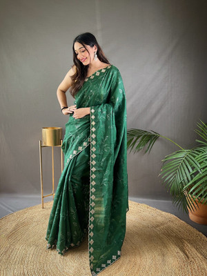 SGF11 Self Design Handloom Silk Blend Saree(Green)